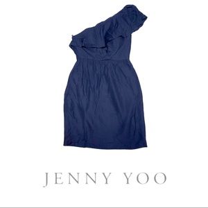 Jenny Yoo Navy Asymmetrical Ruffle Cocktail Dress